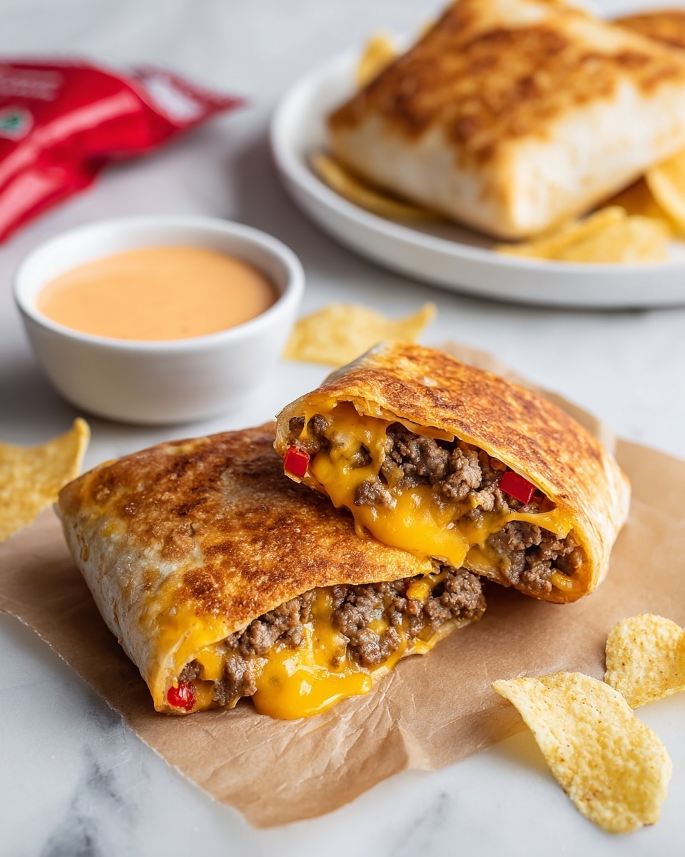 The image shows two pieces of a sandwich wrap with a crispy, golden-brown outer layer. Inside, there is a filling of brown ground meat mixed with melted yellow cheese and small bits of red peppers. The wraps are placed on light brown parchment paper with a few scattered pale yellow tortilla chips around them. To the left, there is a small white bowl filled with a creamy orange dipping sauce, with some sauce spilled beside it. A white plate with more wraps and a red ketchup packet is seen in the background on a white marbled surface. Photo taken with an iphone --ar 4:5 --v 7