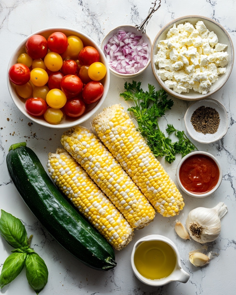 The image shows fresh ingredients arranged on a white marbled surface. There are four layers of yellow and white corn cobs stacked diagonally in the center. To the bottom left is a long dark green cucumber with two bright green basil leaves beside it. In the top left, a white bowl filled with red, yellow, and brown oval tomatoes sits next to a small measuring cup holding chopped red onions. On the top right, another white bowl is filled with white crumbly cheese. Along the right side, there are small white bowls containing black pepper, salt, honey mustard, and a red sauce, arranged in a loose vertical line beside fresh green parsley sprigs and two garlic cloves. A larger white cup with olive oil is at the bottom right corner. Photo taken with an iphone --ar 4:5 --v 7