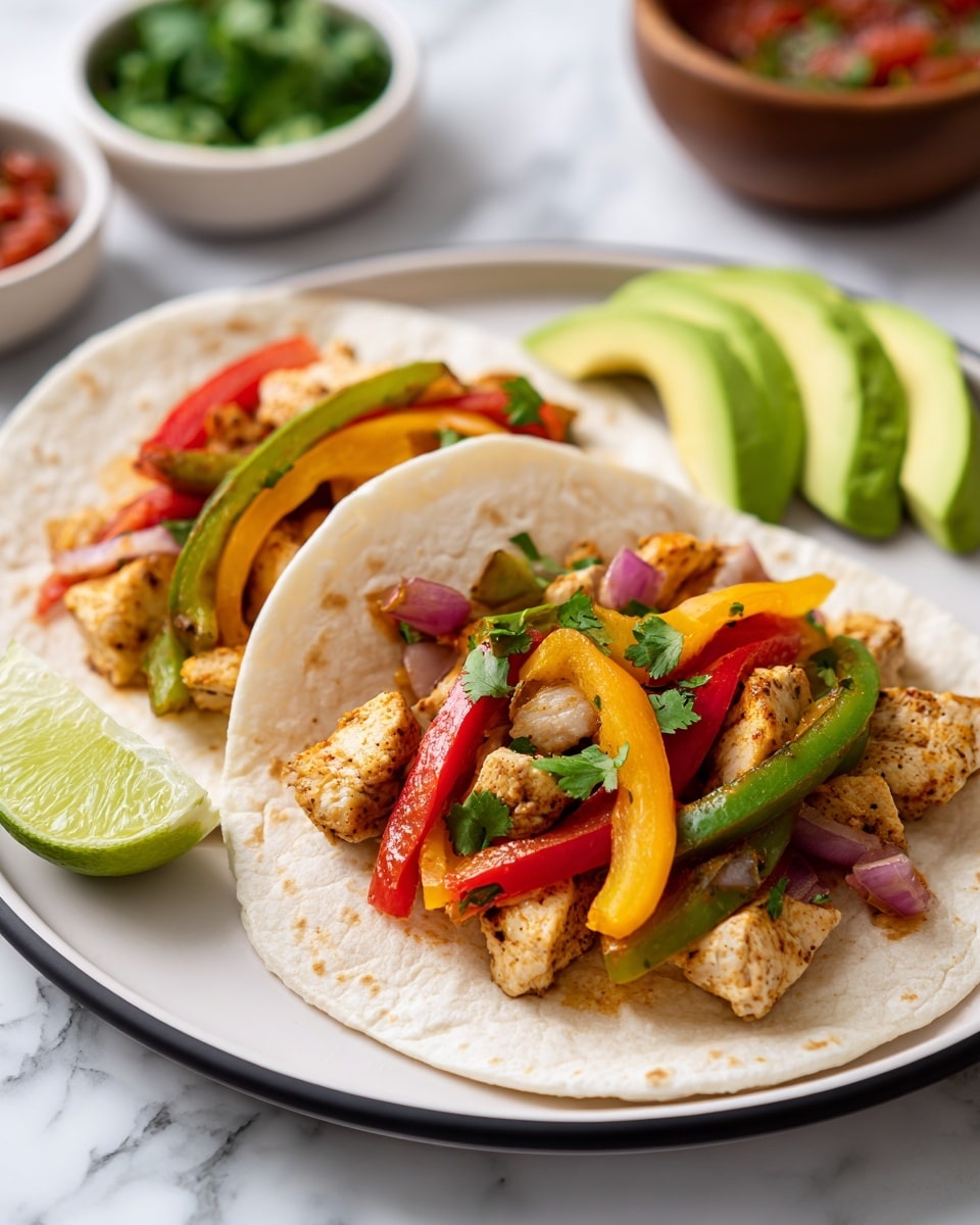 Two soft, white tortillas are placed on a white plate with a black rim. Each tortilla has a base layer of grilled chicken pieces that are light golden brown with a slightly rough texture. On top, there are colorful bell pepper strips in red, green, yellow, and orange with a soft, cooked appearance, mixed with pieces of cooked red onion that have a faint purple hue and a slightly translucent texture. Fresh green cilantro leaves are sprinkled over the filling. On the side of the plate, there are sliced fresh avocado pieces arranged in a fan shape, light green in color with a smooth texture. A lime wedge with a bright green peel and pale green inside sits next to the tortillas. The background is a white marbled surface with small bowls containing chopped cilantro and salsa with varied red and green tones visible in the corners. Photo taken with an iphone --ar 4:5 --v 7