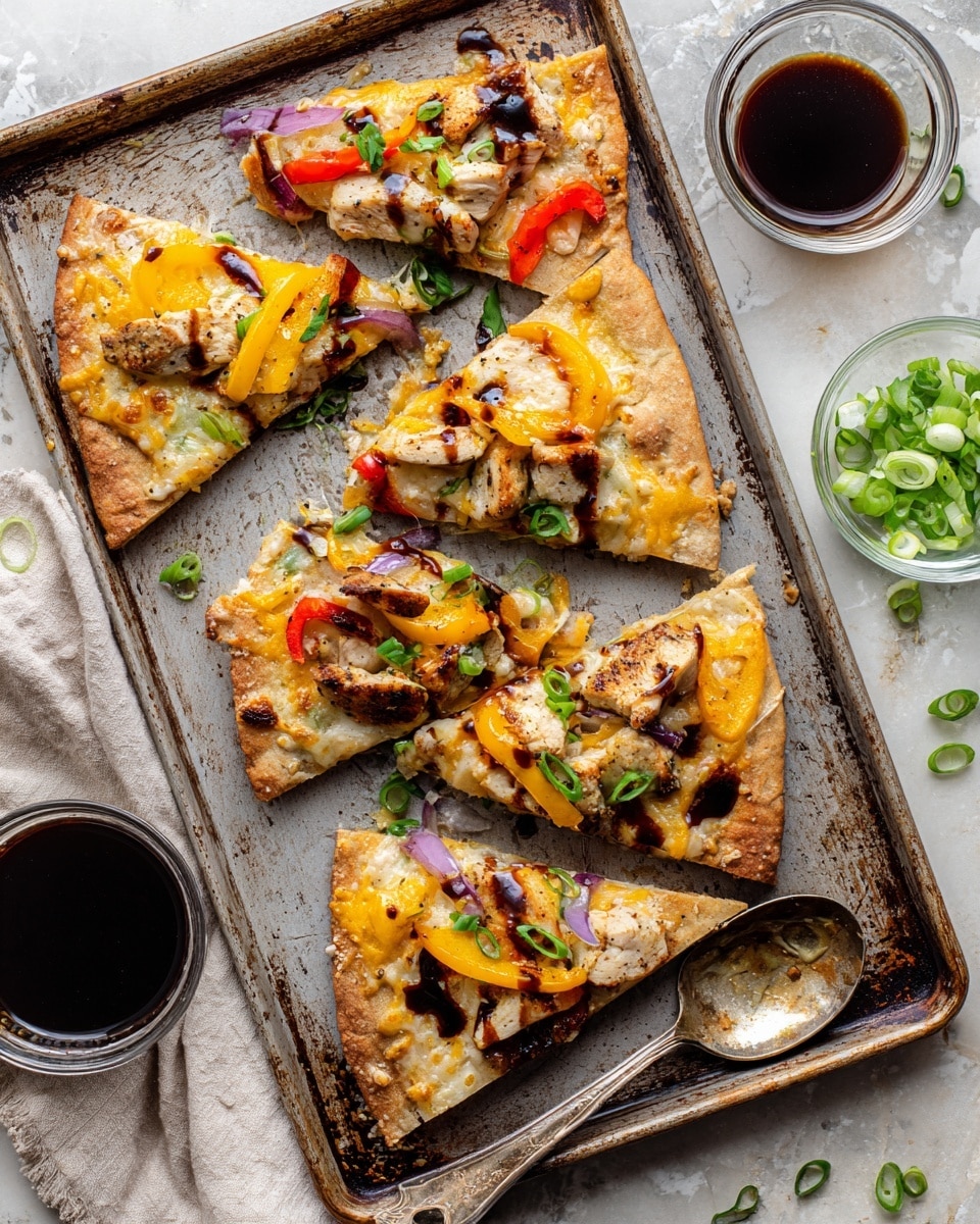 This image shows six slices of pizza on a white marbled surface, each slice having three layers: a thin, golden brown crust on the bottom, a layer of melted cheddar cheese with spots of darker melted spots, and a topping layer with pieces of cooked chicken, red and orange bell pepper rings, small bits of red onion, green sliced spring onions, and a drizzle of dark barbecue sauce. The toppings are spread evenly and some chopped cilantro is scattered on top. To the right side, there is a glass bowl filled with a dark sauce. Photo taken with an iphone --ar 4:5 --v 7