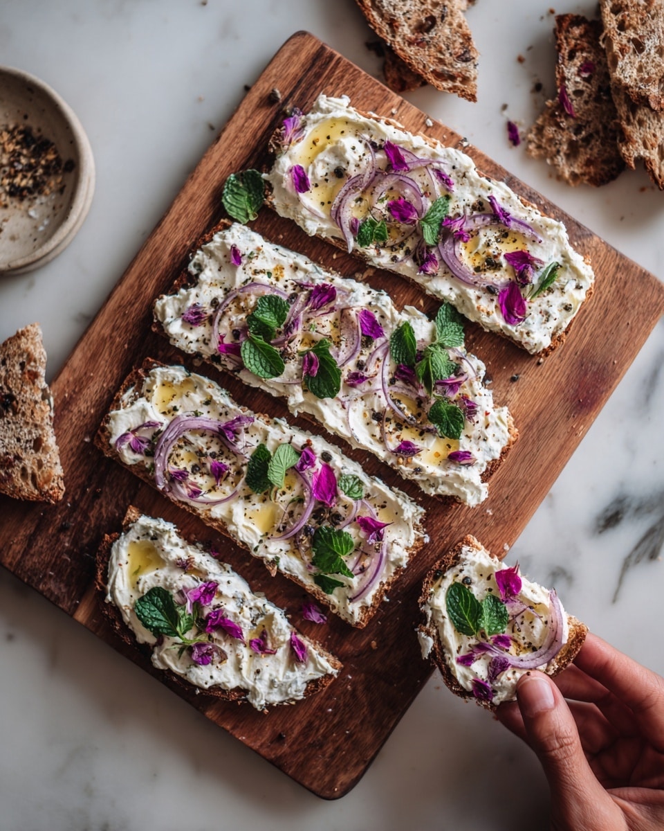 A white wooden board holds a spread of thick white cream cheese base, unevenly smeared across the surface. Thin slices of light purple onion are scattered on top, along with bright green mint leaves and flat parsley leaves. Small purple and deep pink edible flower petals are spread across the cheese, adding bright spots of color. The cream cheese is drizzled with light golden oil and a sprinkle of black pepper and spice flakes. On the side of the board, a woman's hand is holding a small piece of seeded brown bread with cream cheese and toppings. Around the board, torn pieces of the same brown bread are placed on a white marbled surface. photo taken with an iphone --ar 4:5 --v 7