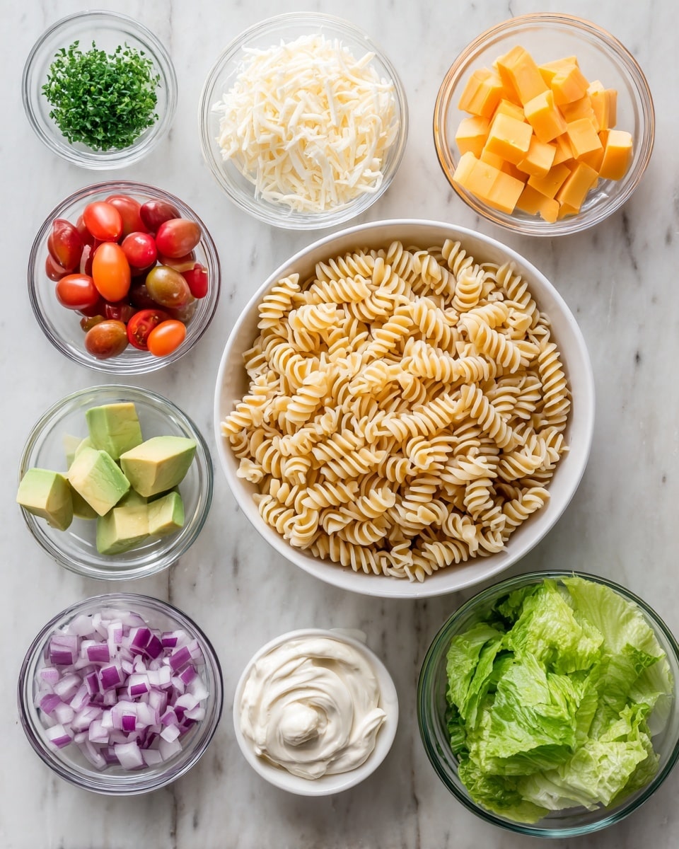 A white pot filled with light beige rotini pasta is placed on a white marbled surface, surrounded by small clear glass bowls containing various ingredients. These include smooth white mayonnaise with swirled texture, creamy white sour cream, finely chopped green parsley, diced red onion with white and purple pieces, small white cup filled with Hidden Valley Dressing Mix, cubed bright orange cheddar cheese, pale green chunks of avocado, halved bright red cherry tomatoes, and a bowl of green romaine lettuce leaves with some loose leaves beside it. Each ingredient is neatly arranged, showing clear colors and textures. Photo taken with an iphone --ar 4:5 --v 7