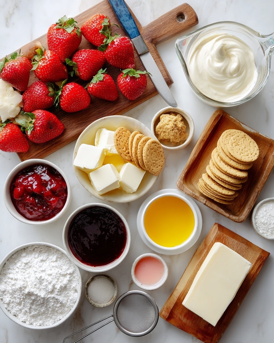 A flat lay photo shows raw ingredients arranged on a white marbled surface. In the top left, a wooden board holds a pile of bright red whole strawberries with green leaves, along with some sliced strawberries next to a knife with a blue handle. To the right, a clear glass measuring cup is filled with white heavy cream. Next to it are round vanilla wafer cookies stacked and scattered. Below the wafers, a small clear bowl contains bright yellow melted butter. In the center left, a white bowl holds dark red strawberry preserves with a glossy texture. Below it, a white bowl is filled with crushed vanilla sandwich cookies in a golden brown color. In the middle center, a wooden bowl contains white powdered sugar with a fine texture and a metal sieve on top. To the right of the powdered sugar, a block of white cream cheese sits on a small wooden board. Below the butter and cream cheese, a small wooden square dish has granulated white sugar. Nearby, two small white bowls hold pink strawberry extract and brown vanilla extract. The overall layout is neat and bright with natural lighting, photo taken with an iphone --ar 4:5 --v 7