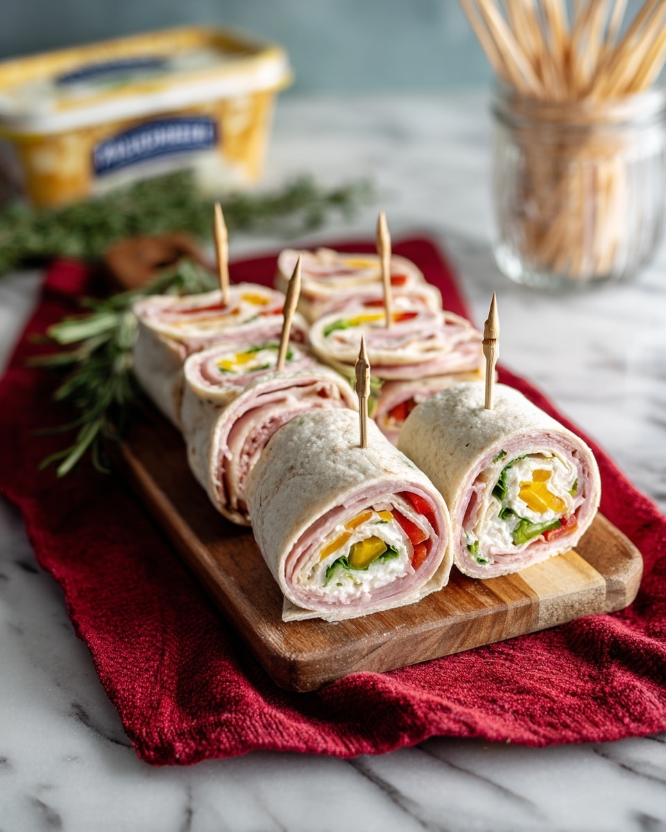 The image shows several rolled wraps cut into slices, each secured with a toothpick. Each wrap has four visible layers: an outer white tortilla layer, a thin light pink layer of deli meat, a white creamy cheese layer, and a colorful inner filling with red, yellow, and green vegetables that look fresh and crisp. The wraps are placed on a wooden cutting board with a red cloth and a green herb visible in the background. There is also a blurred box of Philadelphia cream cheese and some toothpicks in a clear glass container. The surface under the board has a white marbled texture. photo taken with an iphone --ar 4:5 --v 7