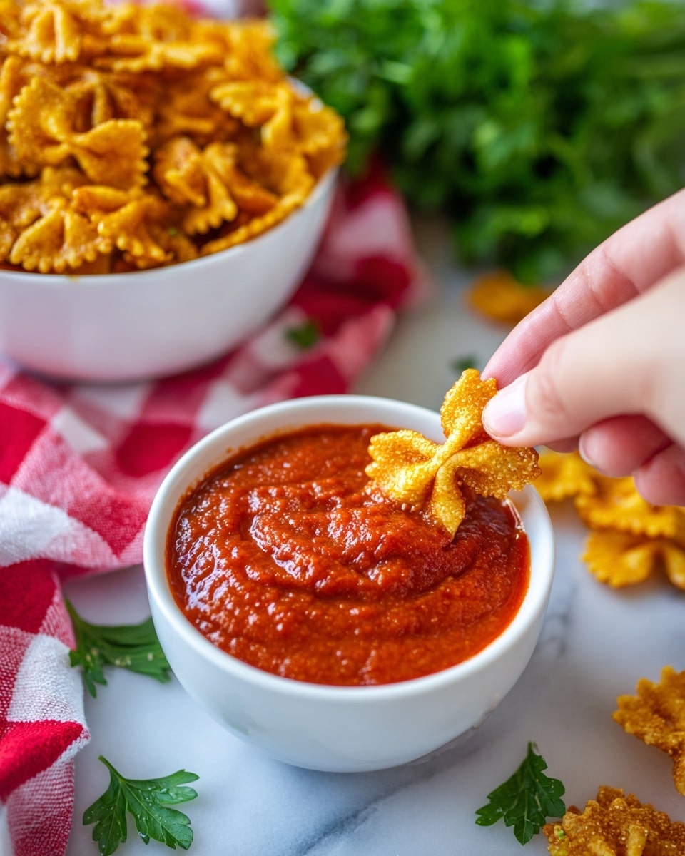 A close-up image shows a woman's hand dipping a golden, crispy bowtie-shaped chip into a small white bowl filled with smooth, bright red marinara sauce. The textured sauce looks thick and sits in the center of the bowl, with the chip partly submerged. To the left, another white bowl is filled with many more of the same golden chips. In the background, there is a bunch of fresh green parsley and a red and white checkered cloth. The entire setup is placed on a white marbled surface. Photo taken with an iphone --ar 4:5 --v 7