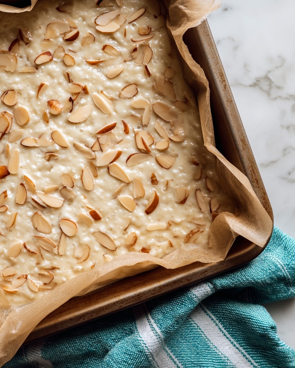 A close-up view of a baking tray lined with crinkled light brown parchment paper filled with a mixtured batter that has a shiny, slightly bubbly texture. The batter is pale cream in color and scattered with small, thin, light brown almond slices evenly spread across the surface, some darker at the edges. The tray is set on a white marbled surface with a part of a teal and white striped cloth visible underneath. photo taken with an iphone --ar 4:5 --v 7