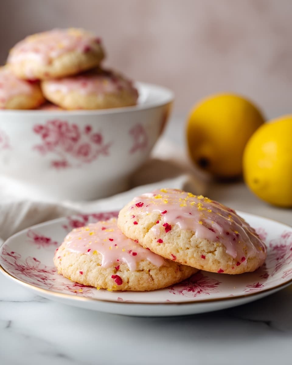 The image shows two soft cookies stacked on a white plate with a delicate light pink floral pattern. Each cookie is mostly pale with light pink glaze spread unevenly on top, and small red and yellow specks scattered throughout the cookie surface, giving a textured look. In the background, there is a white bowl with more cookies stacked inside, also glazed with pink, placed on a white cloth. Two whole yellow lemons sit nearby on the white marbled surface, providing bright contrast to the soft colors of the cookies. The whole scene is softly lit, capturing the details and colors clearly. photo taken with an iphone --ar 4:5 --v 7