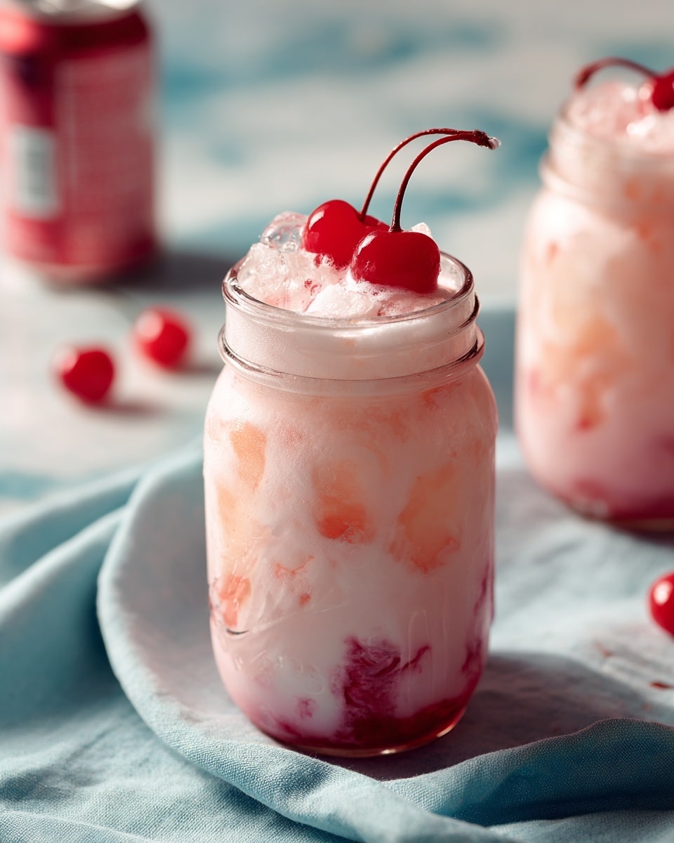 Two glass jars are filled with a light pink creamy drink showing a mix of white and soft pink swirls inside, with visible small red pieces near the bottom. Each jar is topped with a whole bright red cherry with a stem. The jars sit on a pale blue cloth, all set on a white marbled surface, with a blurry red bottle in the background. photo taken with an iphone --ar 4:5 --v 7