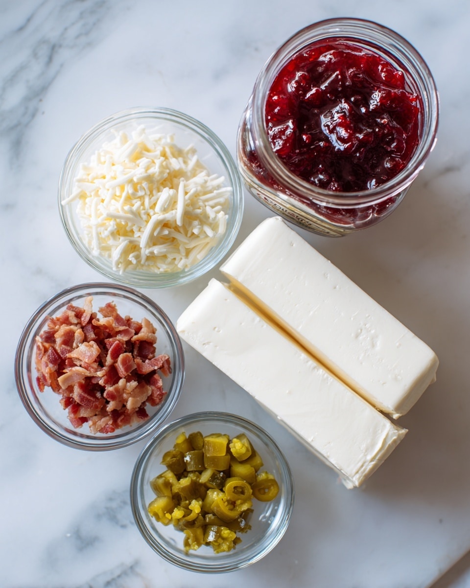 A clear glass bowl is placed on a white marbled surface, holding five food items: two rectangular blocks of Philadelphia original cream cheese with a roughl, a red and white jar of Smucker's red raspberry preserves showing bright red raspberries on the label, a white bag of Tillamook sharp white cheddar cheese shreds, and three small clear glass bowls inside the large bowl containing crispy bacon bits in reddish-brown, chopped green pickles, and mustard yellow pickled jalapeño slices. The items are arranged with the cream cheese blocks overlapping slightly on the right, the preserves jar leaning next to the cream cheese, and the small bowls lined up near the bottom edge of the white bowl photo taken with an iphone --ar 4:5 --v 7