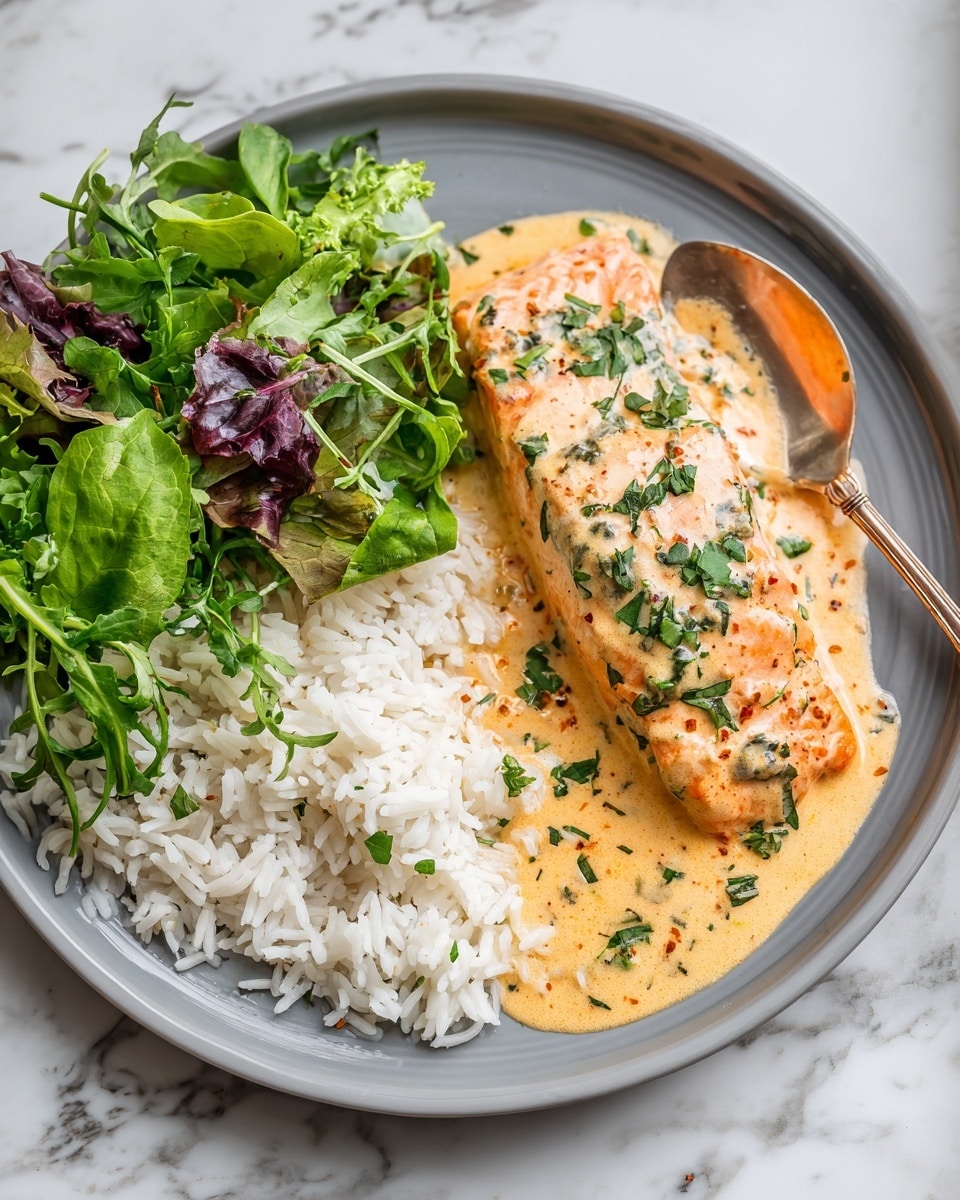 A white plate sits on a white marbled surface holding three main parts: a base layer of white rice with some sauce soaked in parts, a middle layer of light orange cooked salmon topped with a dark green leafy sauce and fresh green herbs, and a side layer of chopped bright green lettuce salad with a slice of yellow lemon partly visible underneath. A silver spoon with a black handle rests on the plate near the rice. The dish looks fresh and colorful. photo taken with an iphone --ar 4:5 --v 7