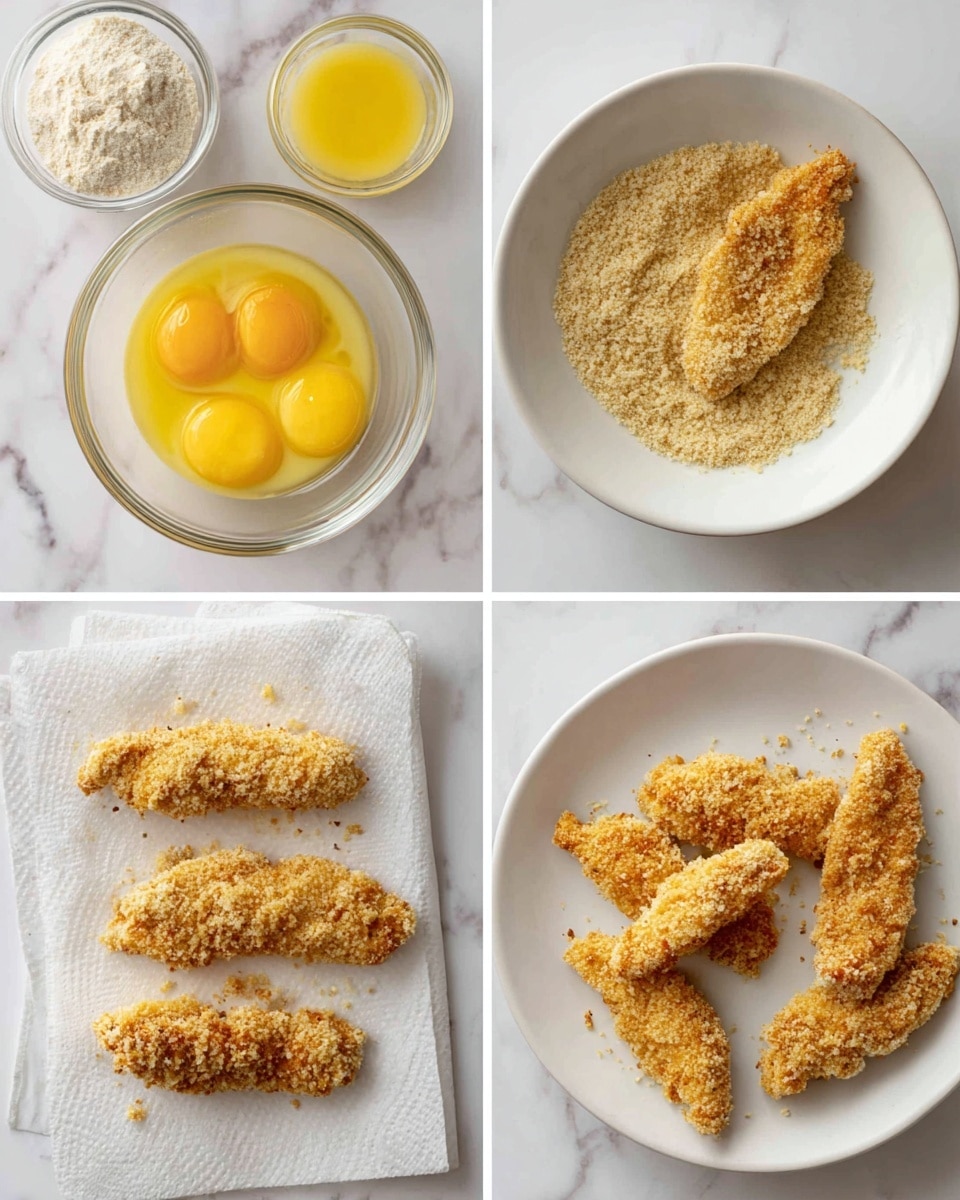 The image shows a white marbled surface with four scenes of breading chicken strips. The first scene has two clear round bowls, one with yellow beaten eggs and the other with light brown breadcrumbs, a white plate, and six raw chicken strips aligned horizontally near the bottom on a white paper towel. The second scene shows one chicken strip being dipped into the egg bowl and another dipped into the breadcrumb bowl. The third scene shows two chicken strips fully coated with breadcrumbs inside the bowl. The fourth scene has five breaded chicken strips on a white plate with some crumbs scattered around. photo taken with an iphone --ar 4:5 --v 7