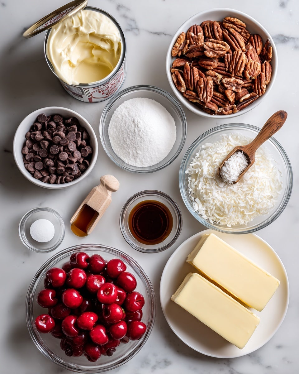 A flat lay of clear glass bowls and a white plate with various ingredients on a white marbled surface. The top left shows an open can filled with pale cream-colored sweetened condensed milk. To the right, a bowl is full of light brown pecans. Below the can, there is a large bowl filled with dark brown chocolate chips. Next to the pecans is a white bowl holding a fine white powdered sugar with a small wooden scoop inside. A small glass container of dark brown vanilla extract is placed near the center. Below that is a glass bowl with white shortening. To the bottom left, a glass bowl overflows with bright red maraschino cherries, and to the bottom right, a large glass bowl is filled with white shredded coconut. At the very bottom, a white plate holds two large pieces of pale yellow butter. All bowls and plates are neatly arranged on the white marbled surface. Photo taken with an iphone --ar 4:5 --v 7
