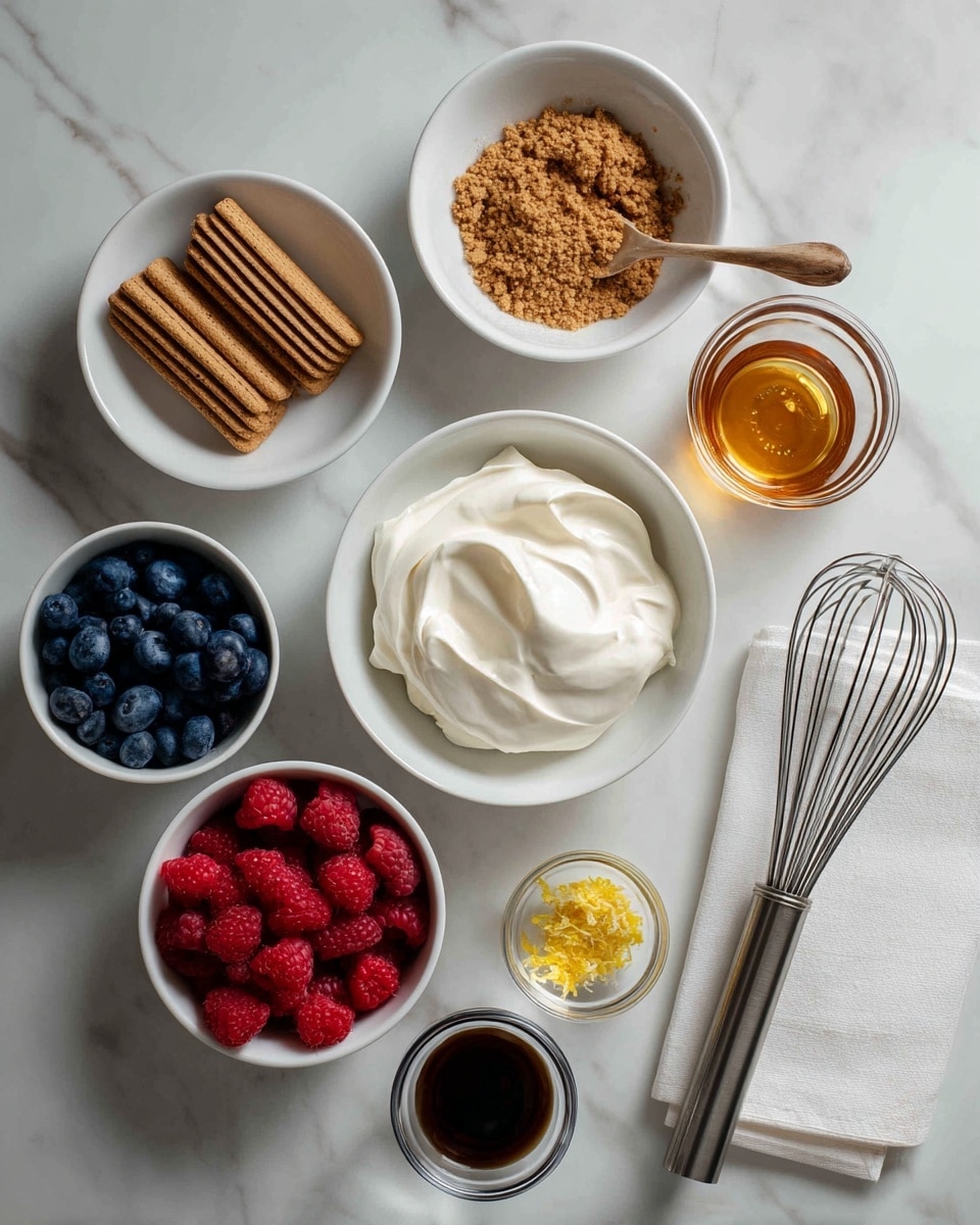 The image shows a flat lay of baking ingredients and tools on a white marbled surface. There are seven white bowls arranged in a loose circle: the top left bowl holds two rectangular brown biscuits; below it is a bowl with crushed biscuit crumbs in a medium brown color; at the bottom left is a bowl with fresh blueberries and raspberries, showing dark blue and bright red round berries; the center bowl holds thick white cream with soft swirls on top; above it is a small glass jar of honey with a spoon inside, showing golden amber liquid; next to that is a small clear bowl with dark brown vanilla extract; and below the cream bowl is a clear small bowl with yellowish lemon zest. On the right side, there is a metal whisk and a stack of silver measuring cups and spoons laid on a white napkin. All items are neatly arranged and well-lit. photo taken with an iphone --ar 4:5 --v 7