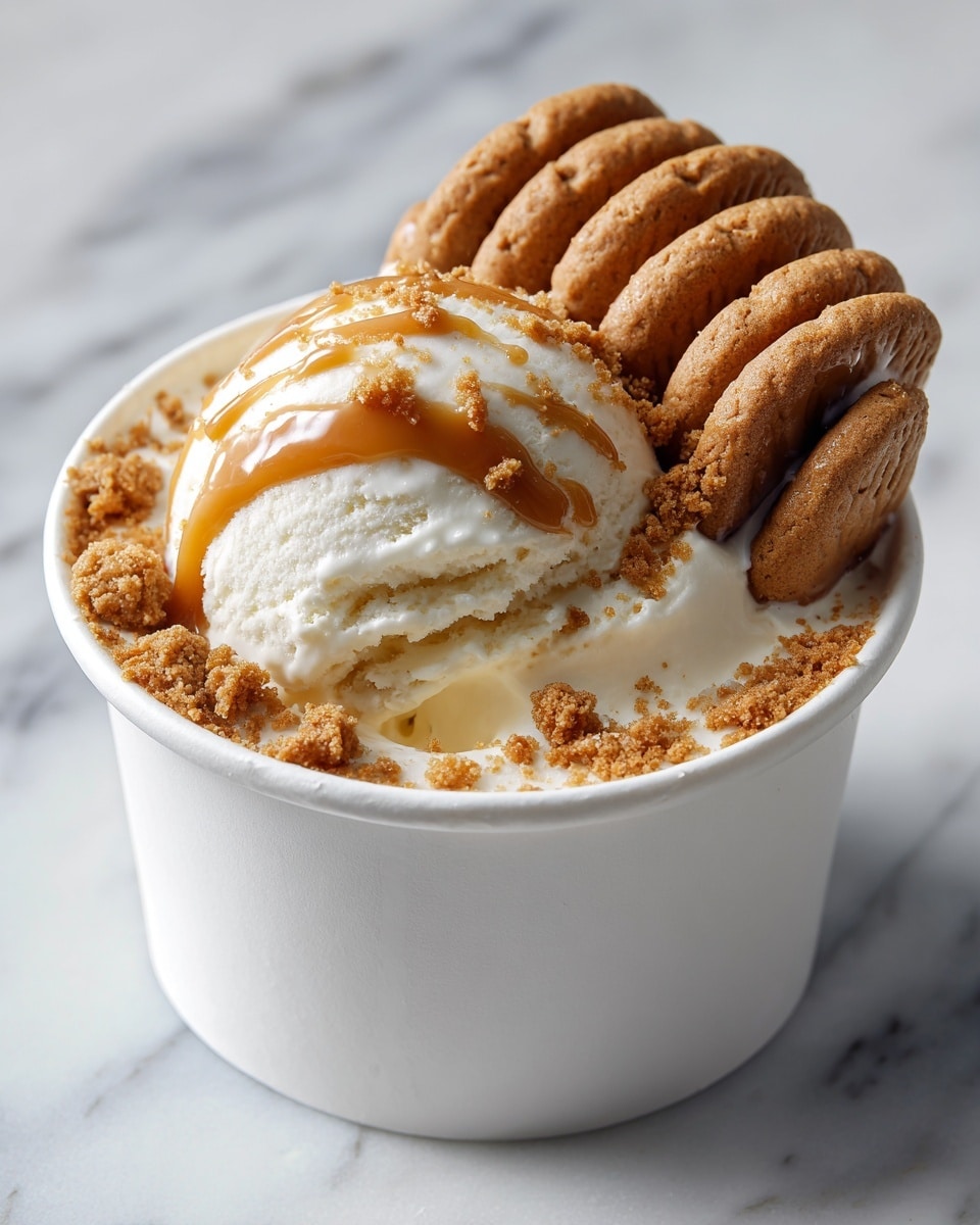 A white round cup filled with creamy white ice cream forms the bottom layer, partially scooped out in the center to show smooth texture inside. On top of the ice cream is a layer of crushed light brown cookie crumbs, scattered unevenly. The top layer consists of whole light brown cookies laid close together in a row, slightly coated with a shiny caramel-like drizzle. The cup sits on a white marbled surface. Photo taken with an iphone --ar 4:5 --v 7