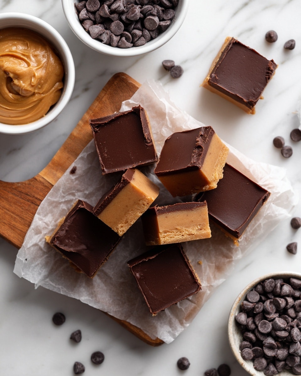 The image shows many square pieces of dessert with two clear layers: a thick, smooth light brown bottom layer and a darker, glossy smooth chocolate top layer. The pieces are placed in a scattered way on a wooden board lined with parchment paper, which sits on a white marbled surface. A few pieces have small cracks or missing corners. At the top right, one piece is on a white plate on the same white marbled surface. Near the top left, there are two white bowls, one filled with chocolate chips and the other with light brown peanut butter. Some chocolate chips are also scattered loosely on the white marbled surface. photo taken with an iphone --ar 4:5 --v 7