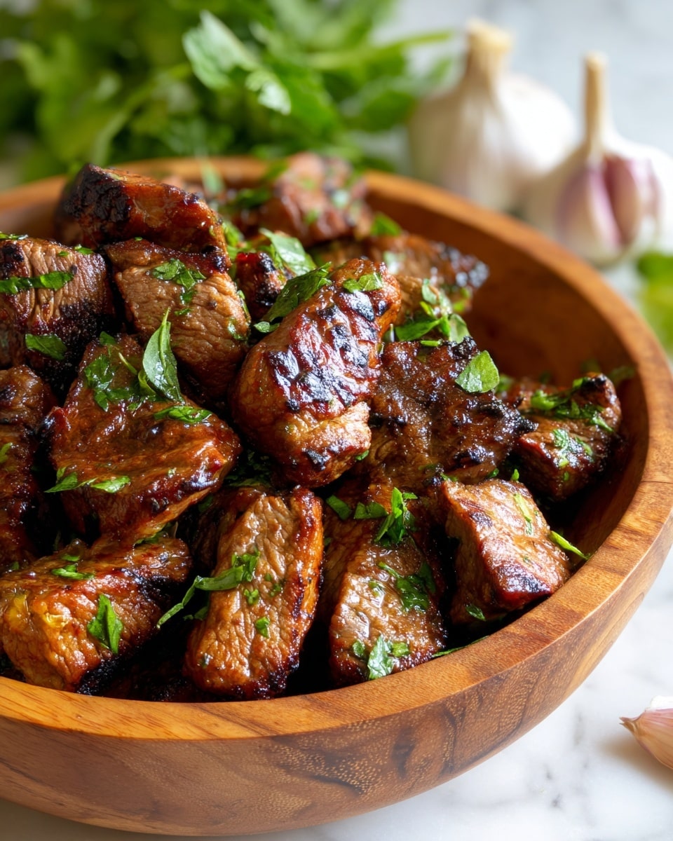 This image shows many pieces of cooked meat piled in a wooden bowl. Each piece is brown with visible grill marks and small bits of green herbs sprinkled on top. The pieces have a juicy texture with some shiny spots showing moisture. Behind the bowl, you can see a blurred white marbled surface with some green leaves and garlic in the background. photo taken with an iphone --ar 4:5 --v 7