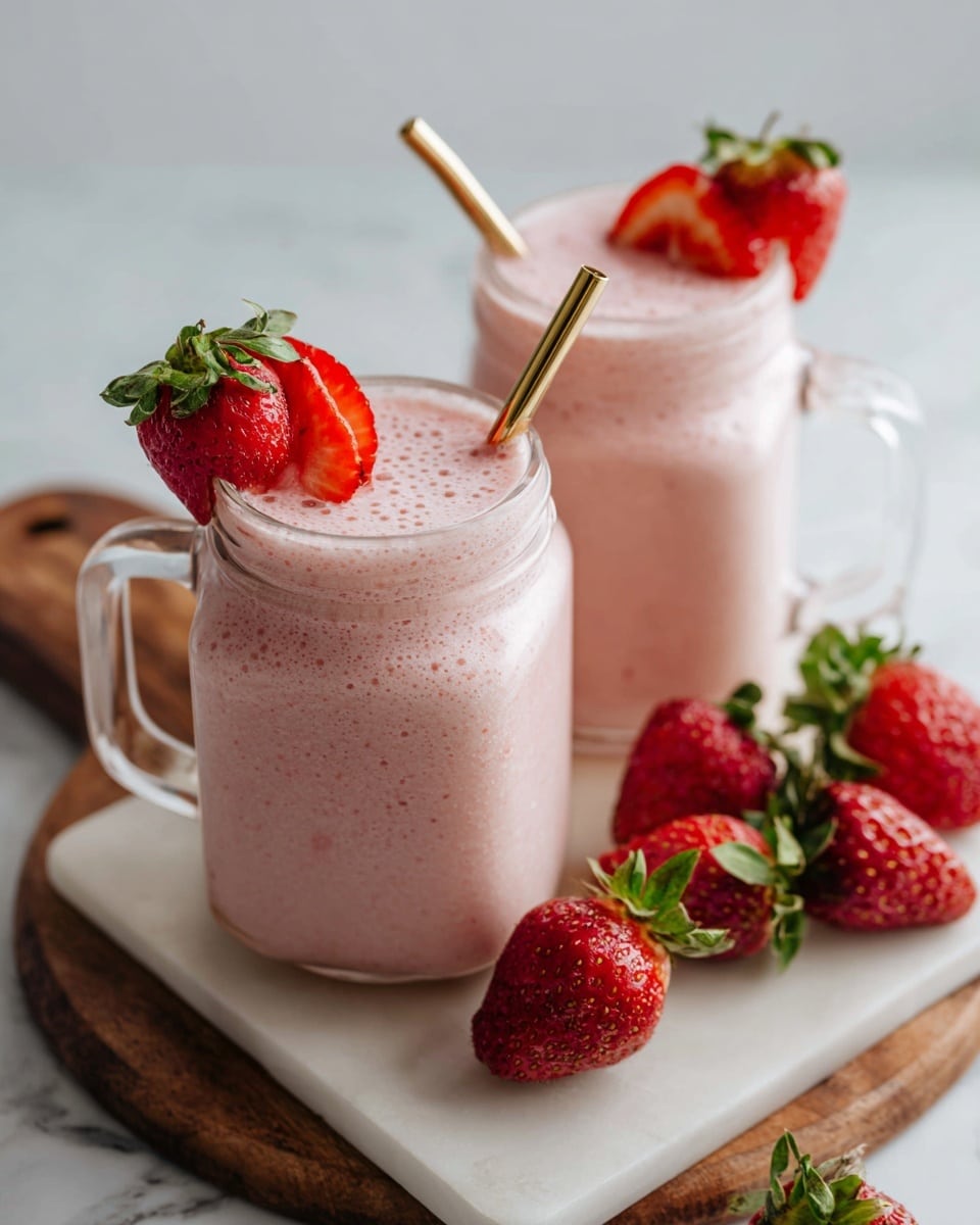Two clear glass mugs filled with light pink strawberry smoothie showing small bubbles on top, each mug topped with two thin red strawberry slices and one whole ripe strawberry with green leaves; the mugs have transparent handles and gold metal straws placed inside. The mugs sit on a white marbled surface, one placed on a white rectangular plate with scattered whole strawberries around. There is a wooden round board underneath part of the setting. photo taken with an iphone --ar 4:5 --v 7