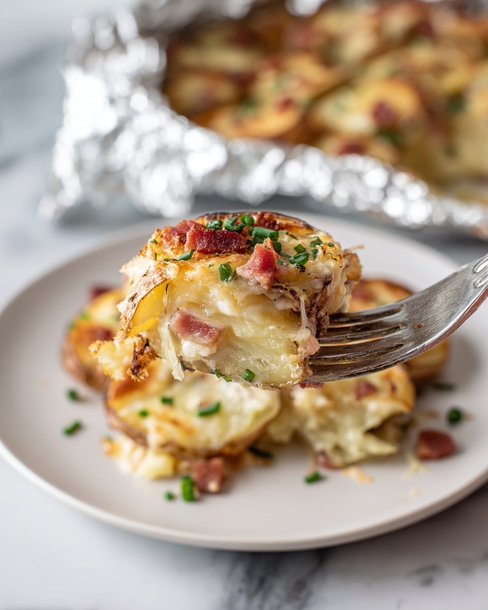 A close-up of a fork holding a bite-sized portion of a layered potato dish with the following layers: a brown potato skin on the outside, melted pale yellow cheese beneath it, small pinkish-red bacon pieces on top, and light golden, seasoned potato chunks mixed throughout. Bright green chives are sprinkled lightly over the dish. In the background, the rest of the same potato dish is seen arranged on a white plate with crumpled foil around it, all set on a white marbled surface. photo taken with an iphone --ar 4:5 --v 7