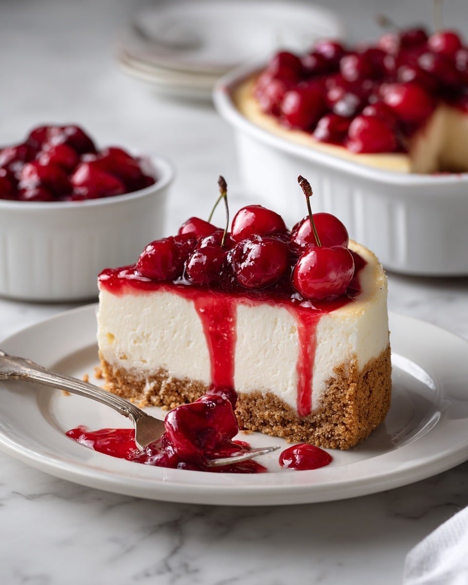 The image shows a slice of cherry cheesecake on a white plate with three distinct layers: a bottom layer of light brown crumbly crust, a thick middle layer of creamy white cheesecake, and a top layer of bright red cherry topping with whole cherries in a glossy jelly. A small portion of the cheesecake is on a silver fork resting on the plate, with red cherry topping dripping from it. In the background, there is a white bowl filled with the same red cherry topping and a white baking dish. The surface is a white marbled texture. Photo taken with an iphone --ar 4:5 --v 7