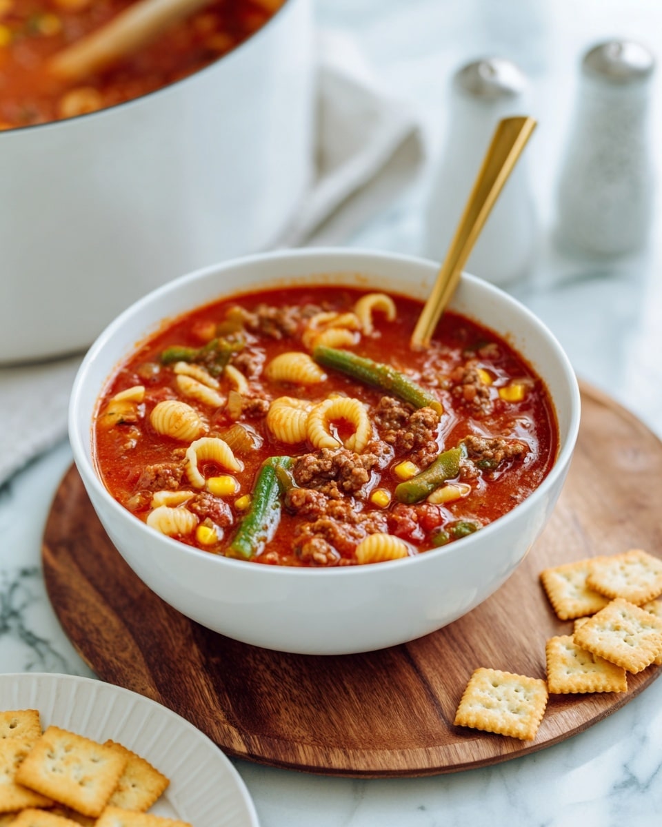 A white bowl filled with a thick soup that has three main layers: a deep red tomato base with chunks of brown ground beef and pieces of green beans, bright yellow corn kernels, and small shell-shaped pasta in light cream color, all mixed evenly together. The bowl sits on a round wooden board on a white marbled surface. Next to the bowl is a white plate with several square saltine crackers and a gold spoon resting inside the bowl. In the background, a large white pot filled with the same soup and a wooden spoon inside is partially visible, along with white textured salt and pepper shakers. Photo taken with an iphone --ar 4:5 --v 7