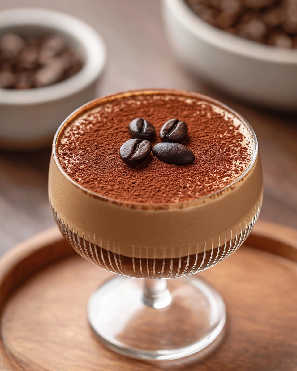 A clear glass dessert cup shows a three-layer coffee mousse. The bottom layer is smooth and light brown. The top layer is dusted with fine cocoa powder, giving a soft, matte look to the surface. Three dark roasted coffee beans are placed in the center on the cocoa layer, arranged like a triangle. The glass cup has a thin textured rim with vertical lines and stands on a clear stem. The cup sits on a brown wooden surface with a blurred white bowl with coffee beans in the background. photo taken with an iphone --ar 4:5 --v 7