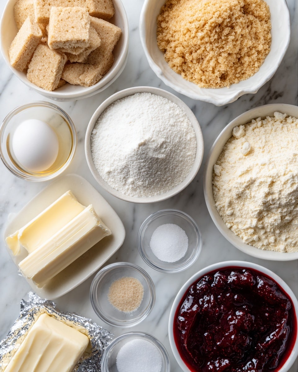 A collection of baking ingredients arranged neatly on a white marbled surface. There are two white bowls at the top right, one filled with light brown sugar that looks soft and crumbly, and the other with golden, finely crushed graham crackers. Below them, a white bowl holds smooth, white granulated sugar, while another white bowl nearby contains white flour with a slightly cracked surface. A small clear glass bowl with vanilla extract sits to the left, and right below it is a single white egg. Two sticks of cream cheese are wrapped in silver foil, placed at the bottom left corner. Scattered around are two small clear glass bowls, one with salt and the other with baking powder, both fine and white. Finally, a white bowl at the bottom right is filled with rich, dark red berry jam, slightly shiny and textured. Photo taken with an iphone --ar 4:5 --v 7