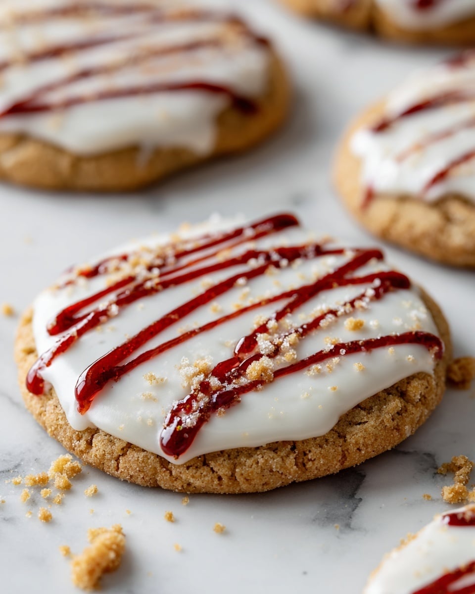 A cookie with a crumbly light brown base forms the bottom layer, topped by a smooth, white icing layer that spreads evenly across the cookie. Over the white icing, thin red sauce stripes are drizzled diagonally, creating contrast and texture. There are some cookie crumbs scattered around on a white marbled surface. The focus is close-up on one cookie with parts of other cookies blurred in the background. photo taken with an iphone --ar 4:5 --v 7