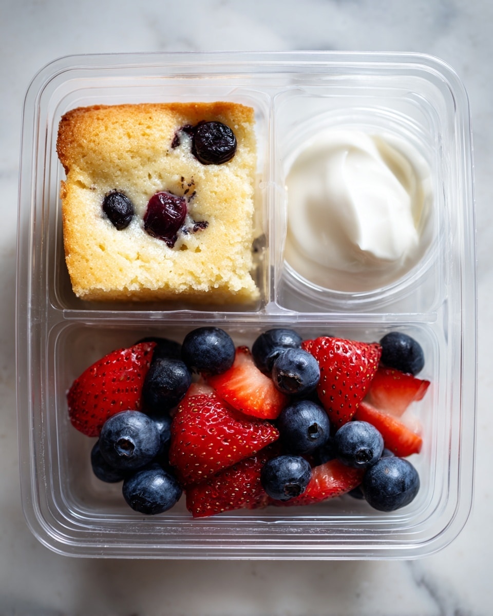A clear plastic container with three sections sits on a white marbled surface. The largest section holds a square piece of light golden cake dotted with whole dark blueberries on top, showing a soft and slightly crumbly texture. The top right smaller section is filled with fresh fruit, featuring bright red, sliced strawberries mixed with whole plump blueberries that are deep blue with a slight shine. The top left small section contains a dollop of smooth white yogurt with a creamy texture. photo taken with an iphone --ar 4:5 --v 7