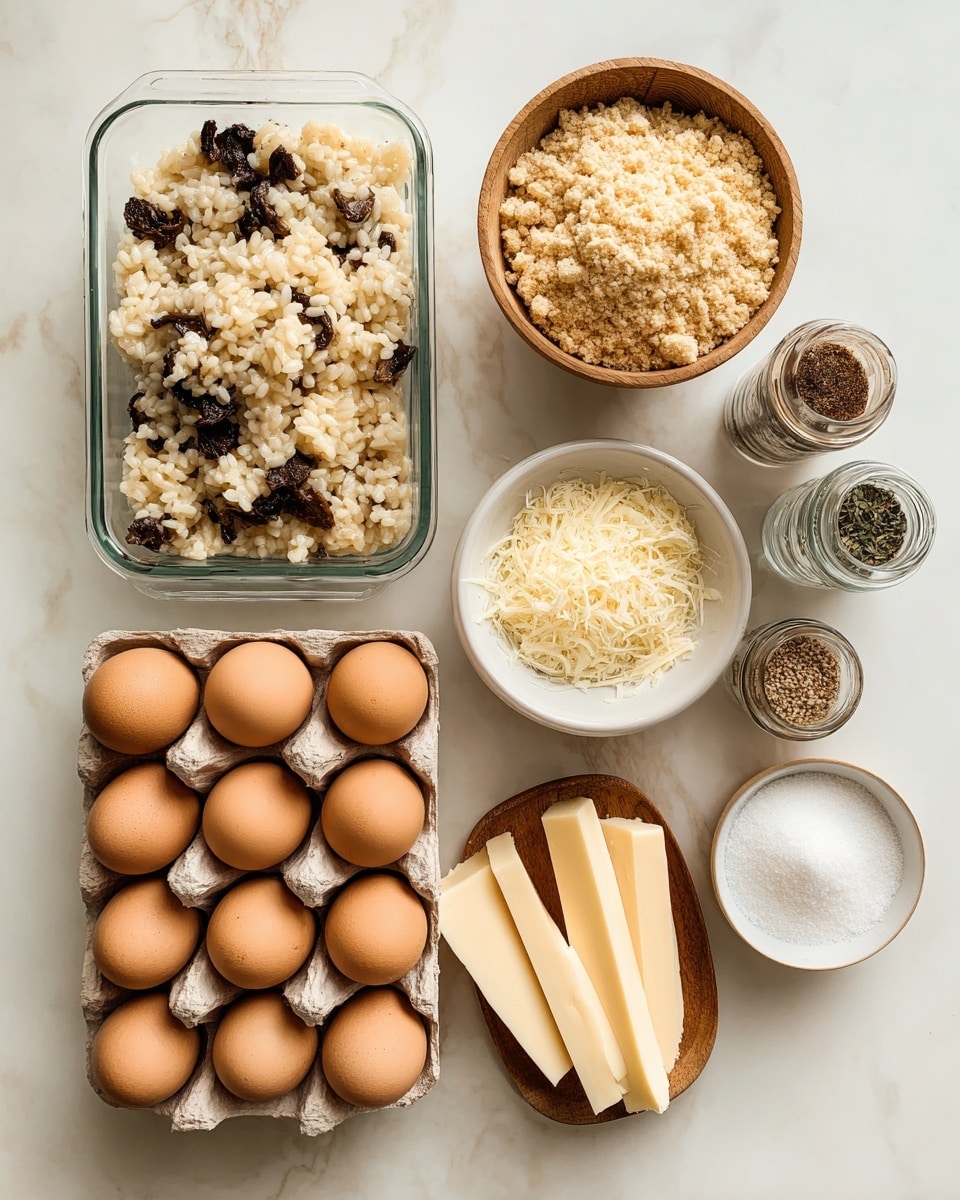 The image shows various ingredients placed on a white marbled surface. On the left side, there is a clear rectangular glass container filled with light beige leftover risotto mixed with dark mushroom pieces. Above it, there is a white bowl containing finely grated pale yellow parmesan cheese. To the right, a clear glass bowl holds light brown bread crumbs. Next to it, there is a small wooden bowl filled with coarse white salt. Above the salt, there are three small glass jars with spices and herbs inside, including a glass jar with a shaker top. Below the jars, two sticks of pale yellow mozzarella cheese in plastic wrapping are placed next to a cardboard egg carton holding eight brown eggs. The arrangement is neat and well-lit, with good contrast between the ingredients and the background, photo taken with an iphone --ar 4:5 --v 7
