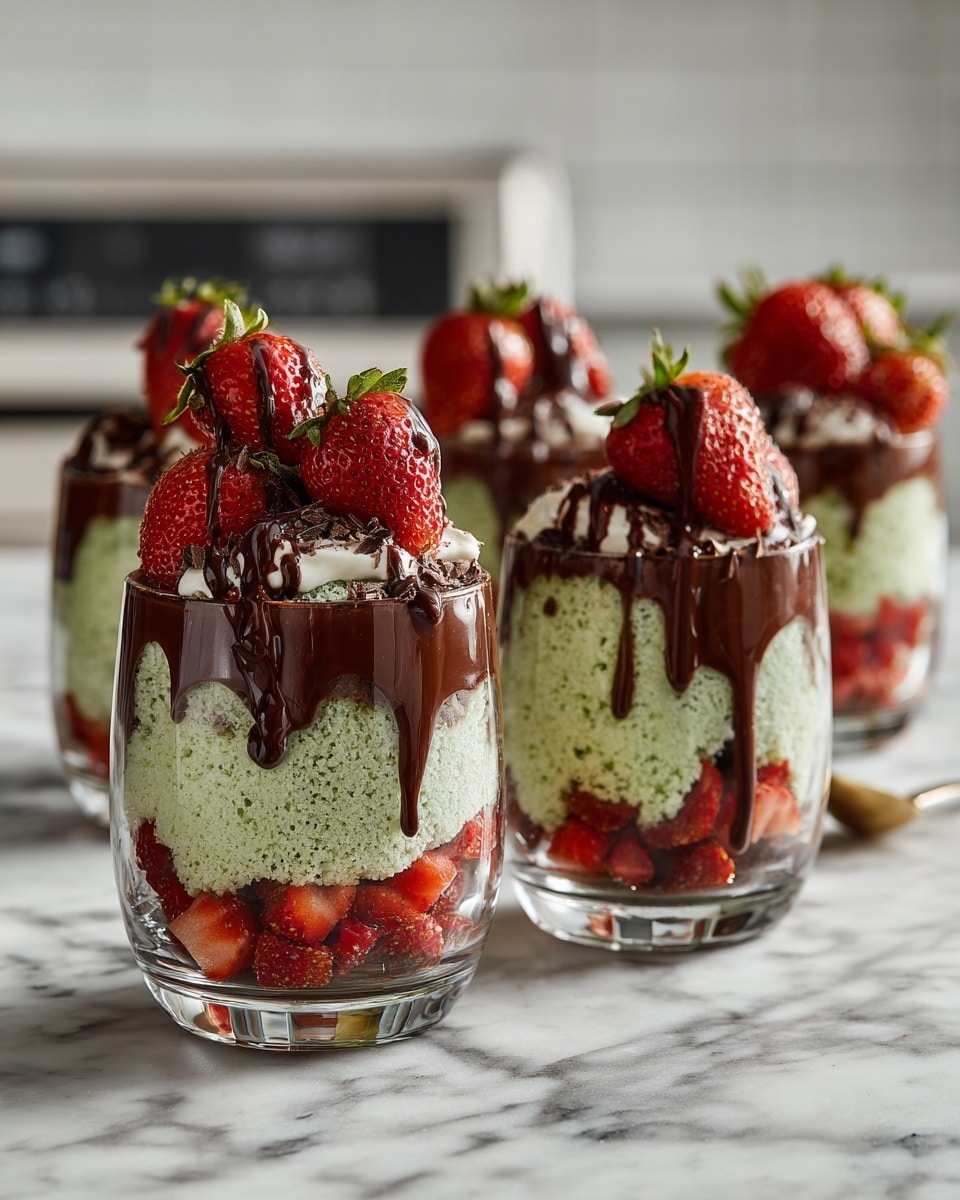 Four clear glass cups sit on a white marbled surface, each cup filled with three layers. The bottom layer is red chopped strawberries, the middle layer is a light green sponge-like texture, and the top layer consists of dark brown melted chocolate drizzled over more strawberries and green sponge bits. The top strawberry pieces are fresh and bright red, and the chocolate is shiny and dripping slightly down the sides of the cups. The background shows a kitchen area with a white oven and counter. photo taken with an iphone --ar 4:5 --v 7