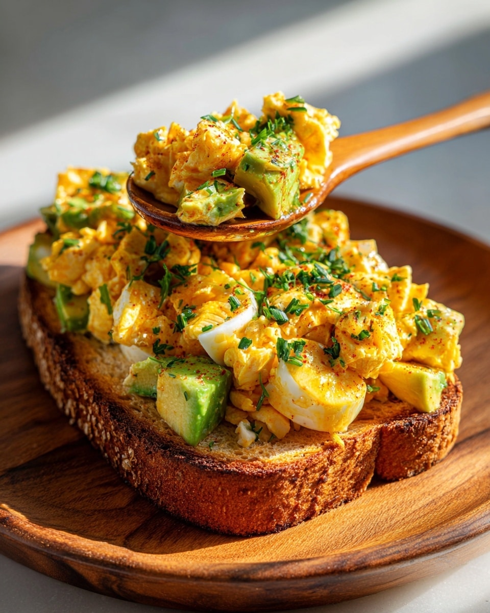 A thick slice of toasted bread with a golden-brown crust is topped generously with a chunky mixture of chopped boiled eggs, avocado pieces, and green herbs mixed in a creamy, light orange dressing. The pieces are uneven, showing a textured mix of soft and firm elements. A wooden spoon rests on top, partially lifting some of the mixture off the toast. The toast sits on a round wooden tray with a warm tone, and the background has a soft shadow cast from the side. Photo taken with an iphone --ar 4:5 --v 7