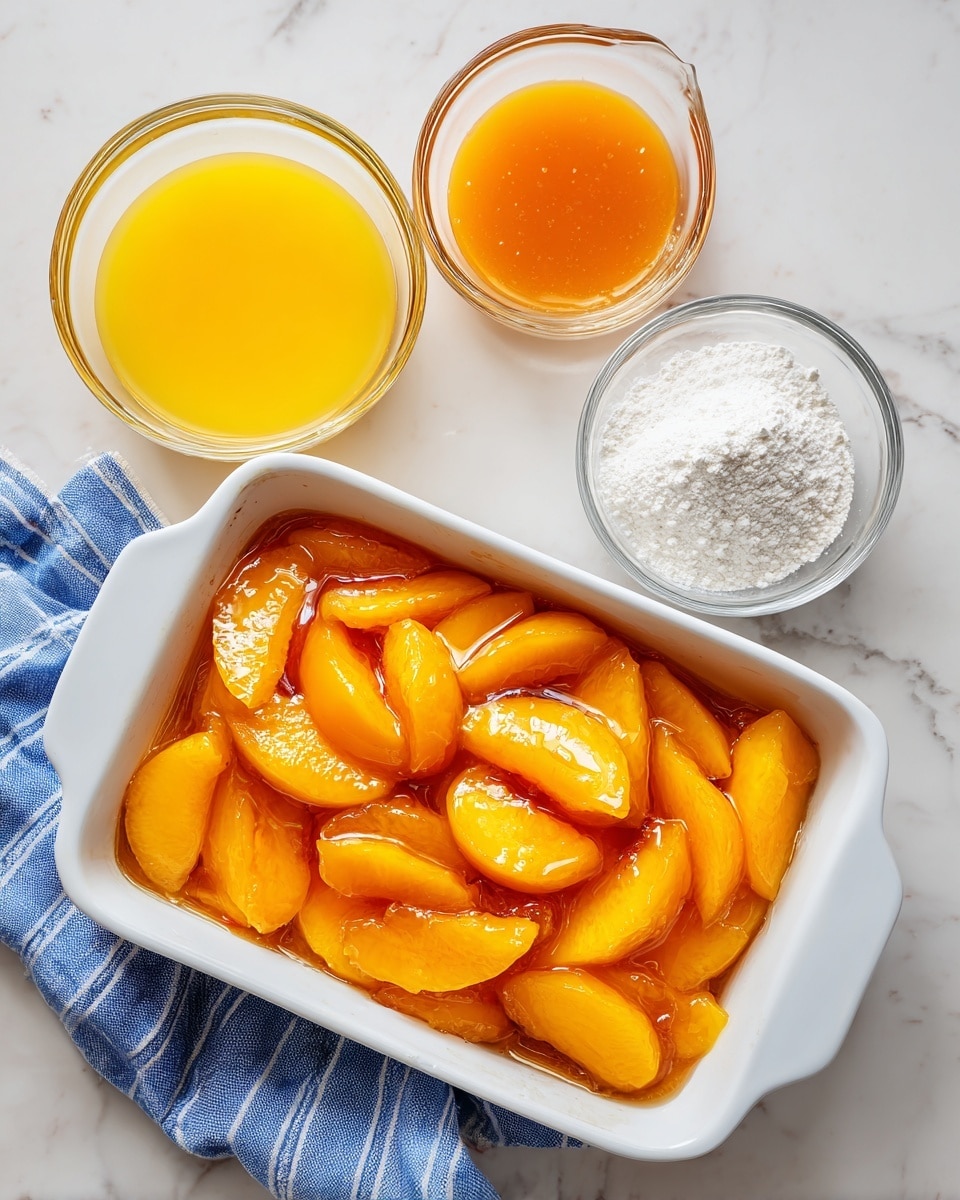 A white rectangular baking dish filled with a glossy layer of soft peach slices in syrup, covering the entire base. The peaches are light orange and shiny, with a smooth, wet texture. Beside the dish are two glass bowls, one containing a bright orange liquid with a smooth surface, and the other filled with a crumbly white powder. A blue and white striped cloth is partially visible under the dish on a white marbled surface. Photo taken with an iphone --ar 4:5 --v 7