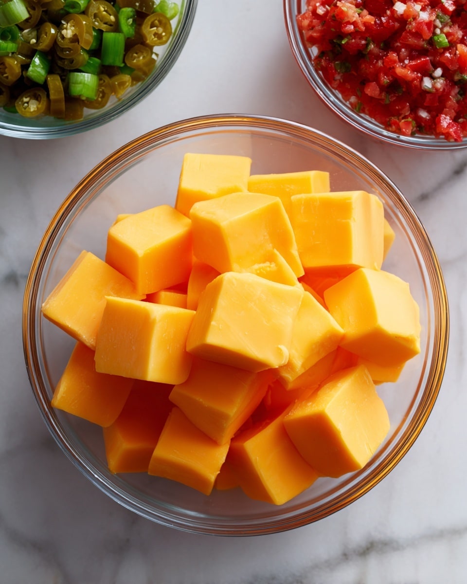 A clear glass bowl filled with large cubes of bright orange Velveeta cheese sits center on a white marbled surface. Above the bowl, there are two smaller clear glass bowls—one with chopped green pickled jalapeños and the other with a chunky red salsa containing diced tomatoes and green chilies. The overall setting has a clean, fresh look with the vibrant colors of the cheese, jalapeños, and salsa contrasting nicely against the white marbled background. photo taken with an iphone --ar 4:5 --v 7