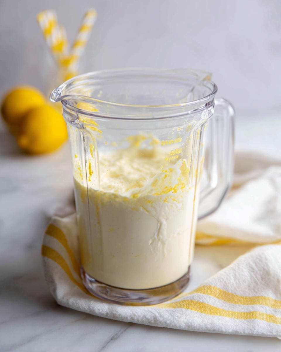 A clear blender container is shown half full with a creamy white liquid that has a smooth and thick texture, filling the lower half of the container. The upper half of the container is clear with a few streaks of the creamy mixture clinging to the sides. The container sits on a white marbled surface next to a folded white cloth with yellow stripes. In the background, a yellow lemon and a glass with a yellow and white striped straw can be seen out of focus. Photo taken with an iphone --ar 4:5 --v 7
