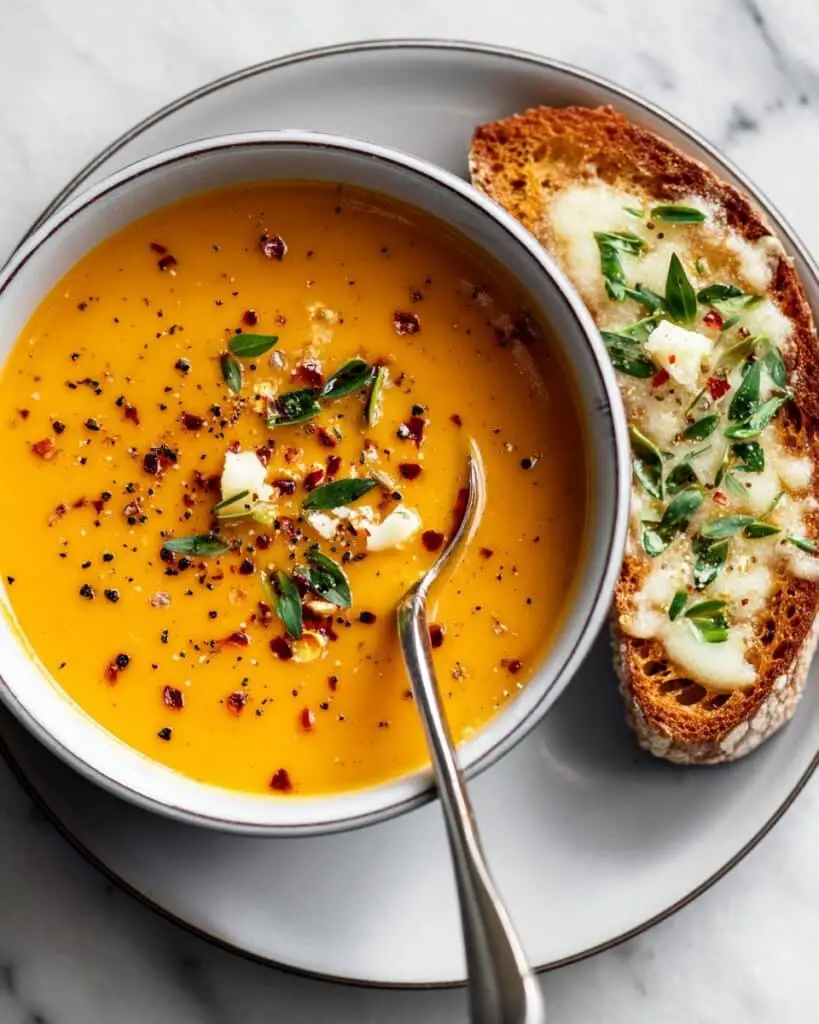 Roasted Red Pepper Soup with Feta Toast Recipe