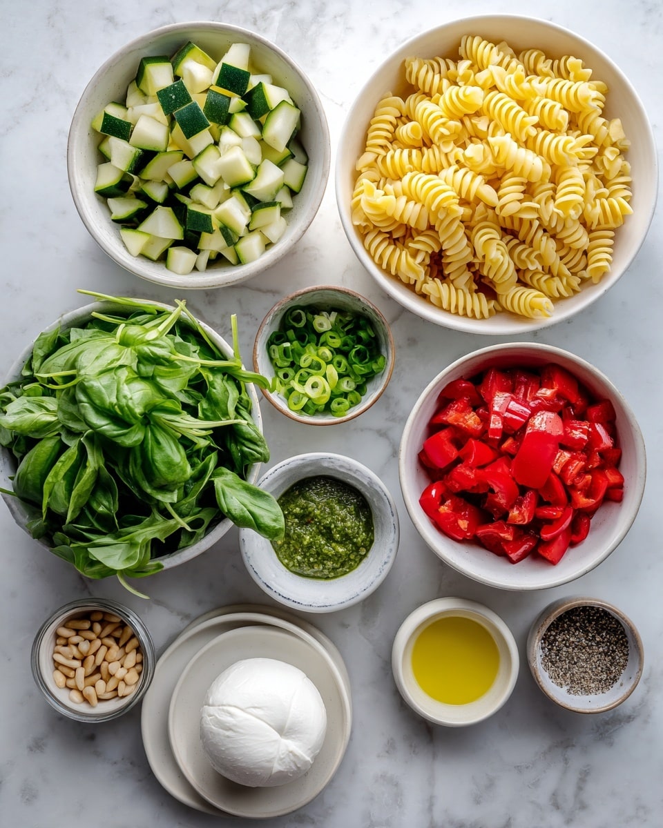 The image shows several white bowls on a white marbled surface, each containing a different ingredient. There is one large bowl with yellow gluten-free pasta spirals, a medium bowl filled with chopped green zucchini pieces, another medium bowl with diced red bell pepper, and a large bowl with fresh green rocket lettuce leaves. Smaller bowls hold green onion rings, finely chopped basil, glossy olive oil, lemon juice, and bright green basil pesto. A small white plate has a round, smooth white burrata cheese ball. A small dish with coarse salt and black pepper is also present, along with a bowl of light brown pine nuts. Each ingredient is neatly arranged and labeled. photo taken with an iphone --ar 4:5 --v 7