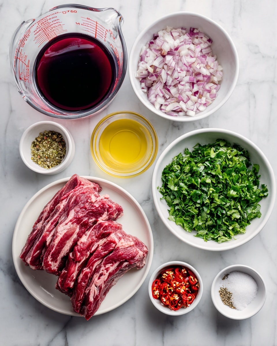 The image shows various ingredients neatly arranged on a white marbled surface. On the bottom left, there is a white plate holding several thin layers of red skirt steak with visible fat marbling. Above it, a large clear glass measuring cup contains a deep red liquid labeled red wine vinegar. To the top right of that, a white bowl is filled with finely chopped pale purple shallots. Next to it is a clear glass bowl of golden olive oil. Below, a white bowl holds fresh, chopped green cilantro leaves, and beside it rests a white plate filled with chopped parsley. Near the center bottom are three smaller white bowls: one with bright red chopped chile, one with finely minced pale yellow garlic, and another with mixed black pepper. Lastly, a small white bowl of white salt completes the ingredients. The arrangement is clean and evenly spaced. photo taken with an iphone --ar 4:5 --v 7