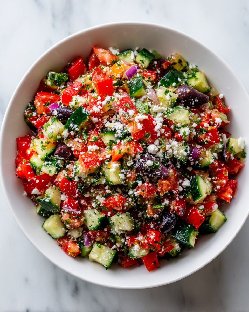 A white bowl filled with a colorful mix of chopped vegetables and cheese layered evenly throughout. The dish contains bright red tomato pieces, fresh green cucumber chunks, small bits of dark purple olives, and sprinkled white crumbly cheese on top. The texture looks fresh and slightly moist, with all ingredients diced into small, similar-sized pieces that create a vibrant and inviting presentation. The bowl sits on a white marbled surface. photo taken with an iphone --ar 4:5 --v 7