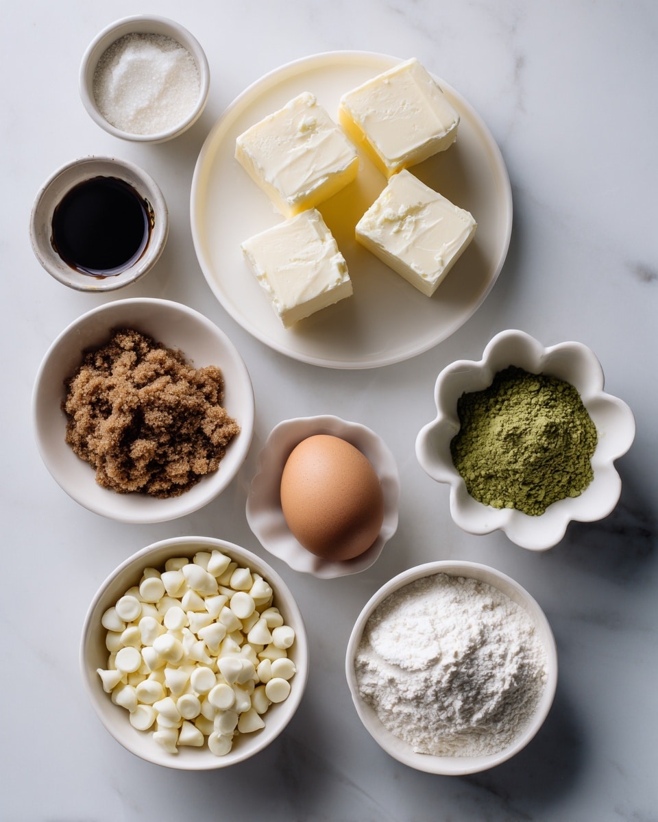 The image shows seven small white bowls and one egg arranged on a white marbled surface. At the top center is a white plate with five blocks of pale yellow unsalted butter. To the left of the butter, there is a small dark bowl with a dark liquid labeled vanilla, and below it, a single brown egg. Next to the egg, a white bowl holds crumbly brown sugar, and above that, a flower-shaped white bowl with a green powder labeled culinary matcha powder. On the right side of the butter plate, a white bowl is filled with white powder containing a mix of all-purpose flour, cake flour, baking powder, baking soda, cornstarch, and table salt. Below that, another white bowl is full of white chocolate chips. The setup is neat and evenly spaced, with soft natural light. photo taken with an iphone --ar 4:5 --v 7