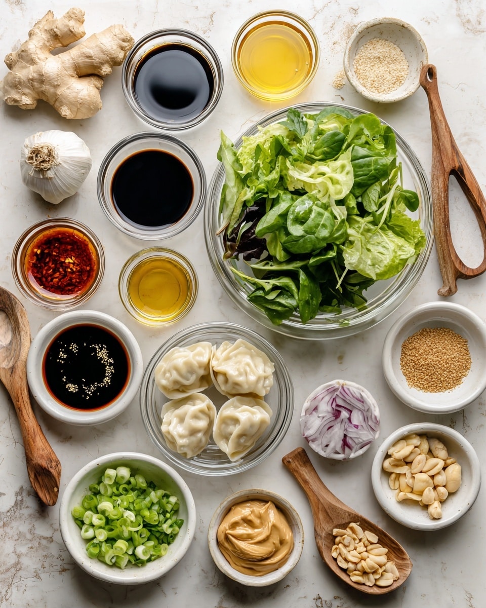 A top-down image of various small bowls and ingredients arranged on a white marbled surface, each clearly labeled. In the center, two glass bowls with dumplings that are pale and folded, next to mixed greens that are bright green with different leaf shapes. Surrounding these are small white bowls with colorful sauces and liquids: dark soy sauce, golden canola oil, reddish chili crisp, light honey, pale rice vinegar, and dark sesame oil. Small bowls hold bright red onion slices, green chopped green onions, light brown peanut butter, whole beige peanuts, and white sesame seeds. There are also fresh garlic cloves and a piece of fresh ginger on the left side, along with a wooden spoon handle visible. All the labels are placed next to or on each ingredient. Photo taken with an iphone --ar 4:5 --v 7