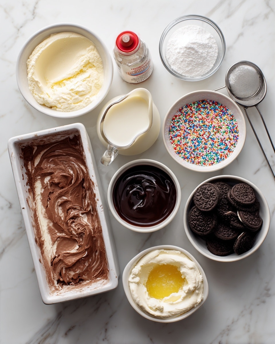 The image shows a flat layout of ingredients on a white marbled surface. There are two rectangular tubs of ice cream, one with smooth vanilla ice cream at the top left and the other with chocolate ice cream at the bottom left, both having a creamy texture and slight dips on the surface. Around them are several small round white bowls and a glass container: a bowl with fine white powdered sugar at the top right with a small sifter resting inside, a bowl of colorful sprinkles just below it, and a bowl filled with crumbled chocolate sandwich cookies at the bottom right. A small glass container holds melted sweet cream butter with a yellow, slightly bubbly texture, located near the middle left. In the center is a small pitcher of heavy cream, which is smooth and white. Below it sits a bottle of vanilla flavoring with a red cap. Lastly, a small white bowl contains a glossy hot fudge topping, dark and shiny, positioned to the right of the heavy cream. All items are neatly arranged and labeled. Photo taken with an iphone --ar 4:5 --v 7