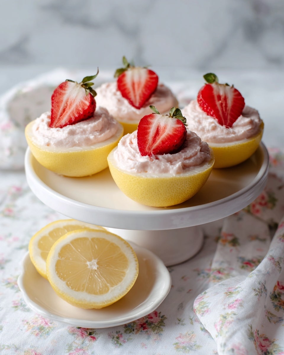 The image shows four lemon halves filled with a smooth, light pink cream, each topped with a small slice of bright red strawberry. Three of the lemon desserts are placed close together on a white cake stand with a simple design, and the fourth lemon dessert sits on a plain white plate below. The white cake stand and plate are set on a white marbled surface, accompanied by a white cloth with a delicate, small floral pattern in pastel colors. The cream looks soft and fluffy, filling the lemon shells evenly. photo taken with an iphone --ar 4:5 --v 7