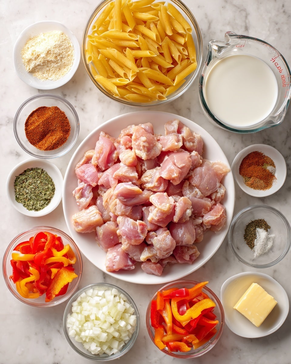 A white plate sits in the center filled with raw pink chicken pieces cut into chunks, surrounded by several clear glass bowls and white bowls. At the top left is a clear bowl with yellow pasta penne, and next to it is a glass measuring cup filled with white heavy cream. To the right of the chicken plate are small clear bowls with reddish-brown smoked paprika, green dried basil, and light brown Cajun seasoning. Below those are two white bowls with orange and red sliced bell peppers. Near the bottom, there is a small clear bowl with chopped white onions, and a small square glass bowl with shredded white Parmesan cheese sits to the left. Smaller clear bowls contain garlic powder, black pepper, and white salt, with a small square piece of yellow butter at the bottom left. Everything is arranged on a white marbled surface. photo taken with an iphone --ar 4:5 --v 7