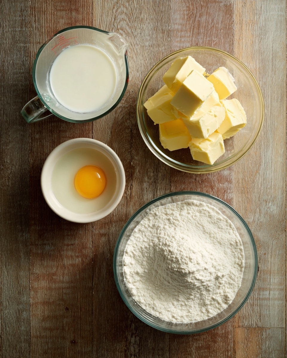 Four glass and ceramic bowls are arranged on a wood-textured surface. The largest bowl at the bottom right is filled with a white powdery substance, likely flour or sugar, showing a slight indentation in the center. Above it, to the right, a medium transparent bowl holds several yellow chunks of butter stacked loosely. To the left, a small white bowl contains a raw egg with the yolk centered in the clear egg white. Above that, a clear measuring cup is filled with a white liquid, probably milk or cream. The overall scene shows ingredients for baking, arranged neatly with natural light highlighting the textures. Photo taken with an iphone --ar 4:5 --v 7