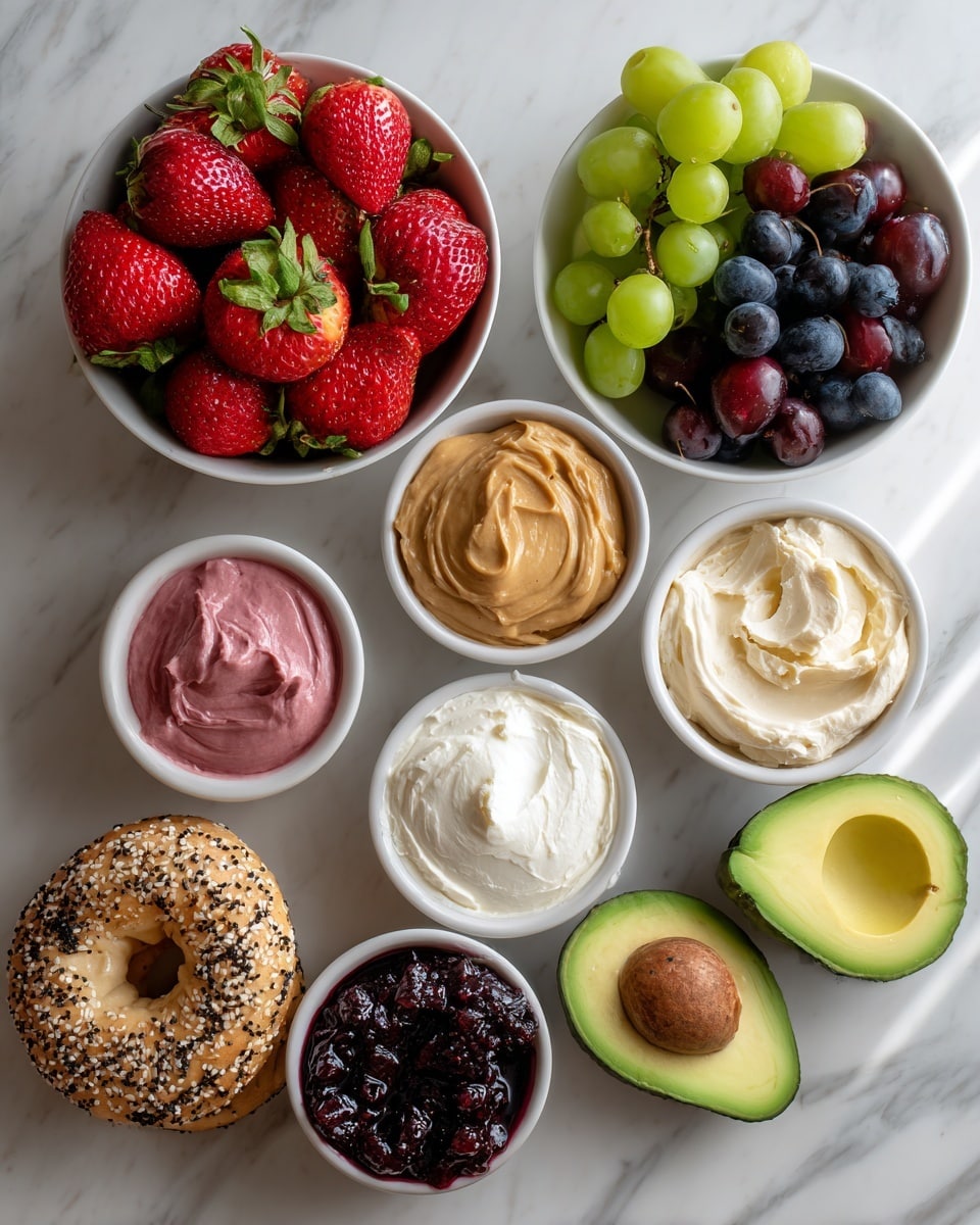 A top view of an arranged flat lay showing a white marbled surface with a variety of food items and small white bowls. At the top center, a white bowl is filled with fresh fruit, including red strawberries with green tops, red raspberries, green grapes, and dark blueberries. To the left is a bowl of smooth, light brown peanut butter. On the right side, there is a bowl of creamy light beige hummus with a slightly rough texture. Below the peanut butter, two bowls with cream cheese are placed side by side — the left one is pink-colored while the right one is plain white and smooth. Centered below the fruit and hummus, there is a white bowl filled with dark purple jelly with a shiny, chunky texture. To the bottom right, two halves of a ripe avocado are shown, one with its large seed visible, and the flesh is bright green and smooth. At the bottom left, a single seeded everything bagel sits, oval in shape with a brown crust sprinkled with white and black seeds. The whole scene is brightly lit and clear, photo taken with an iphone --ar 4:5 --v 7