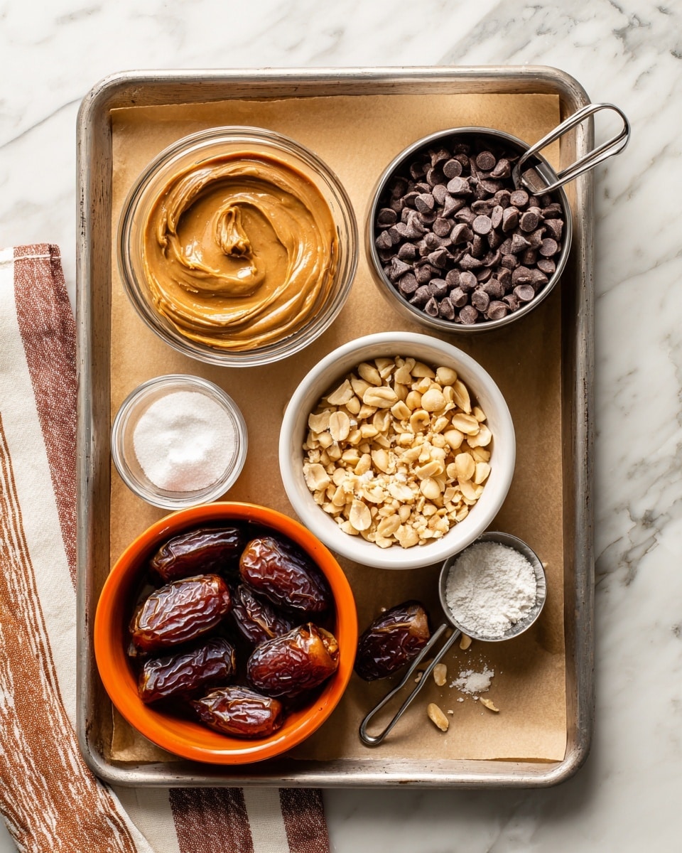 A cooking tray lined with parchment paper contains several ingredients arranged neatly: a small glass bowl filled with smooth peanut butter on the left, a metal measuring cup filled with chocolate chips sits near the top right, a white bowl full of chopped peanuts is below the chocolate, and next to it is a smaller glass bowl holding a white powder, while a metal measuring spoon with some white content rests beside the bowl. At the bottom, an orange-rimmed bowl is filled with whole dates with a few dates scattered around it on the tray. The tray rests on a white marbled surface with a striped cloth partially visible on the left side. Photo taken with an iphone --ar 4:5 --v 7