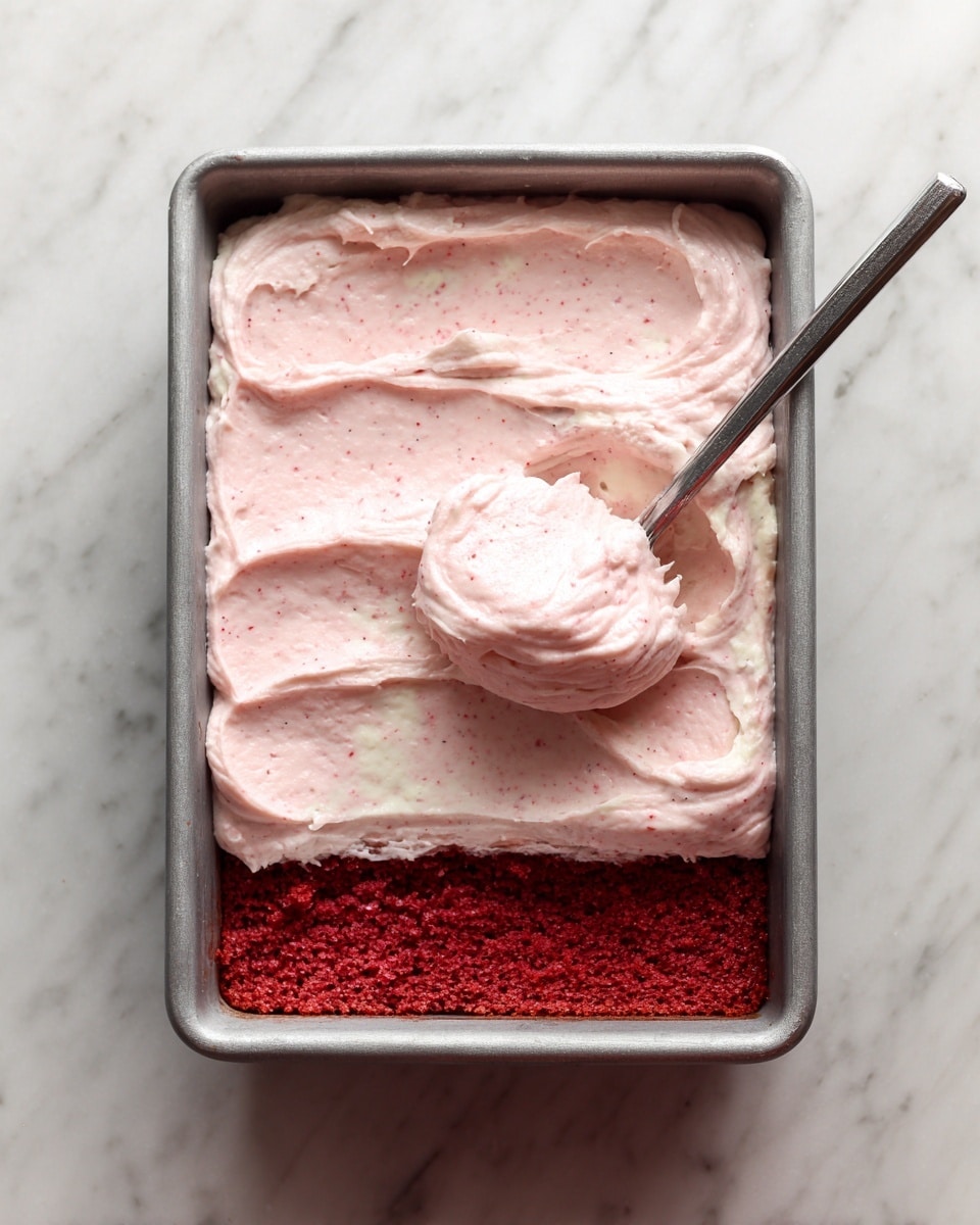 The image shows a baking pan with one thick red cake layer at the bottom. On top of the red cake layer, there is a layer of light pink frosting being spread, which has a smooth and creamy texture with small specks visible throughout. The pan is metallic gray and the scene is set against a white marbled surface. Photo taken with an iphone --ar 4:5 --v 7