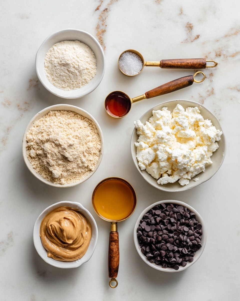 The image shows a flat lay of various ingredients on a white marbled surface, each in white bowls or round golden measuring spoons with wooden handles. There are seven items: a bowl of light beige almond flour with a crumbly texture at the bottom left, a bowl of white protein powder with a fine texture beside it, a bowl of white cottage cheese with a lumpy texture in the middle, and a bowl of small dark mini chocolate chips on the right. Above them are three measuring spoons arranged in a horizontal line: the left spoon holds coarse white salt, the middle one contains dark amber maple syrup with a shiny surface, and the right one has light golden vanilla extract. Finally, a small bowl of thick light brown cashew butter sits on the left, completing the spread. Photo taken with an iphone --ar 4:5 --v 7