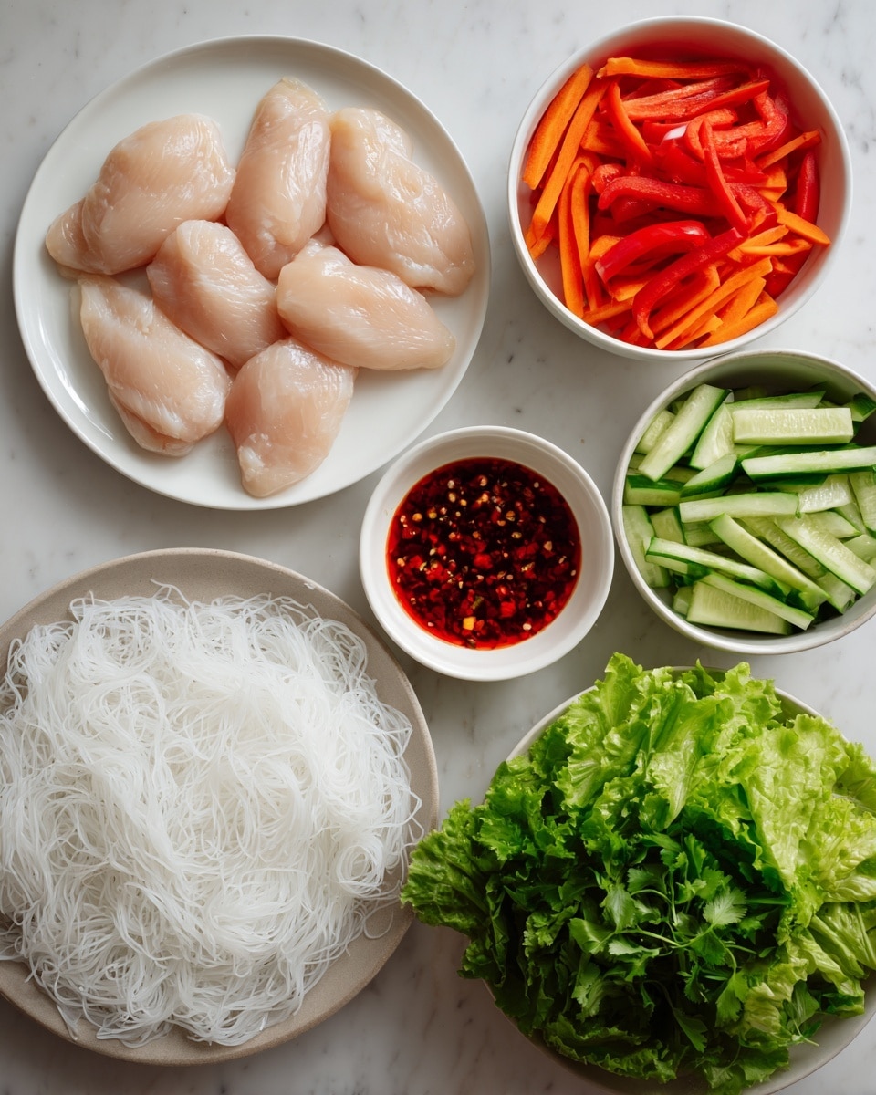 The image shows a top view of ingredients for making fresh spring rolls placed on a white marbled surface. On the top left, there are five plump pale pink chicken breasts arranged on a white plate. To the right, there are three white bowls filled with bright red bell pepper strips, fresh green cucumber sticks, and vibrant orange carrot sticks, each bowl full and neatly organized. Below the chicken, a small white bowl holds deep red sweet chili sauce with visible chili seeds. In the bottom right corner, a white bowl is filled with fresh, leafy bright green lettuce. Lastly, at the bottom left, there is a large round stack of translucent white rice paper sheets, clean and unwrinkled. photo taken with an iphone --ar 4:5 --v 7