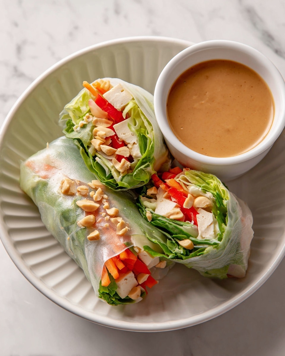 The image shows two fresh spring rolls placed on a white bowl with ridged sides on a white marbled surface. Each roll is wrapped in translucent rice paper, revealing multiple layers inside: bright green leafy vegetables on top, red bell pepper strips, thin orange carrot sticks, and light brown pieces of tofu or another protein at the bottom. The rolls are garnished with small, chopped peanuts scattered on top. To the right of the rolls is a small white dipping sauce cup filled with a smooth, light brown peanut sauce. The colors are fresh and vibrant, contrasting with the clean white bowl and background. photo taken with an iphone --ar 4:5 --v 7